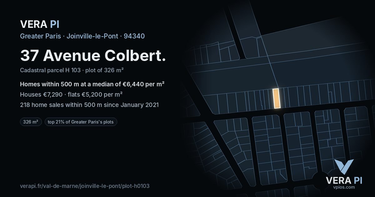 37 Avenue Colbert, Joinville-le-Pont at night – the plot lit, the parcels around coloured by the prices near them