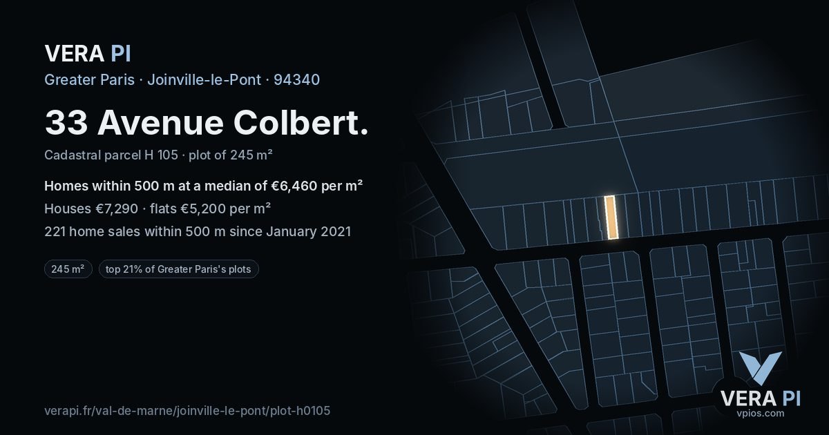 33 Avenue Colbert, Joinville-le-Pont at night – the plot lit, the parcels around coloured by the prices near them