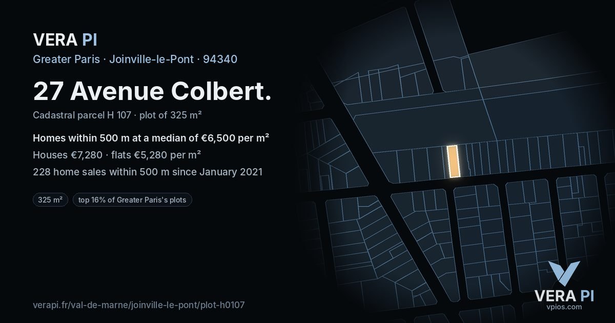 27 Avenue Colbert, Joinville-le-Pont at night – the plot lit, the parcels around coloured by the prices near them