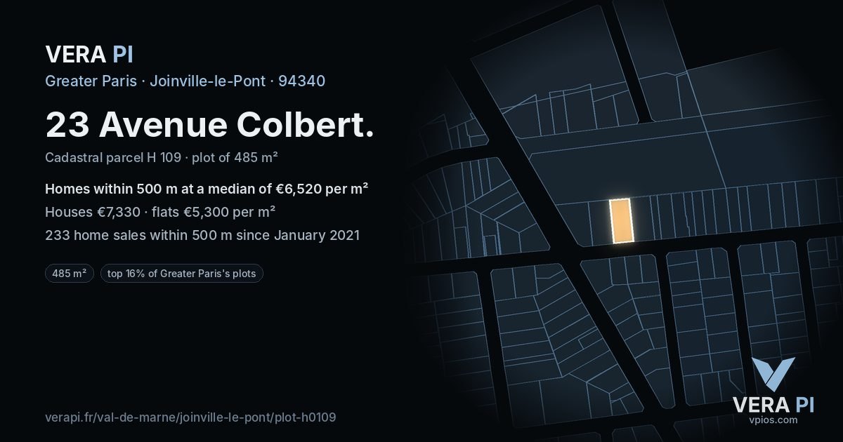 23 Avenue Colbert, Joinville-le-Pont at night – the plot lit, the parcels around coloured by the prices near them
