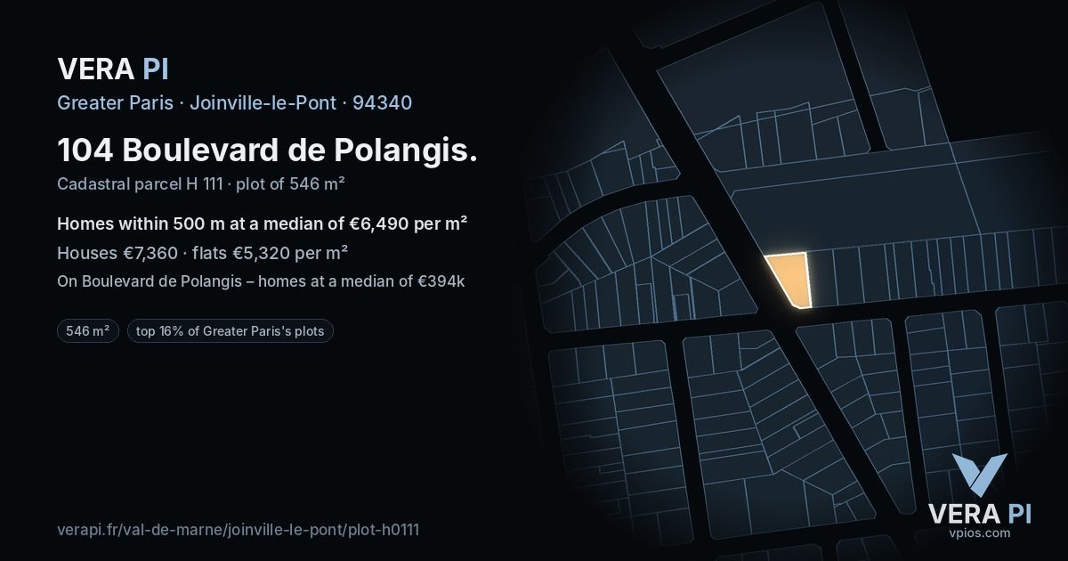 104 Boulevard de Polangis, Joinville-le-Pont at night – the plot lit, the parcels around coloured by the prices near them