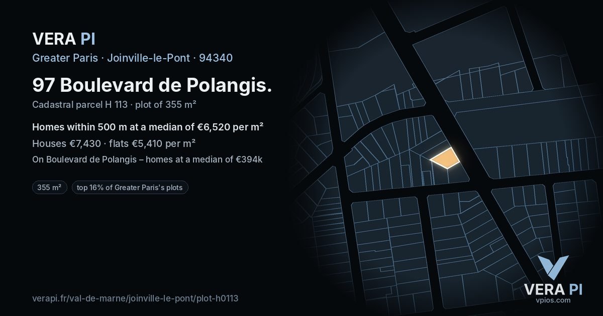 97 Boulevard de Polangis, Joinville-le-Pont at night – the plot lit, the parcels around coloured by the prices near them