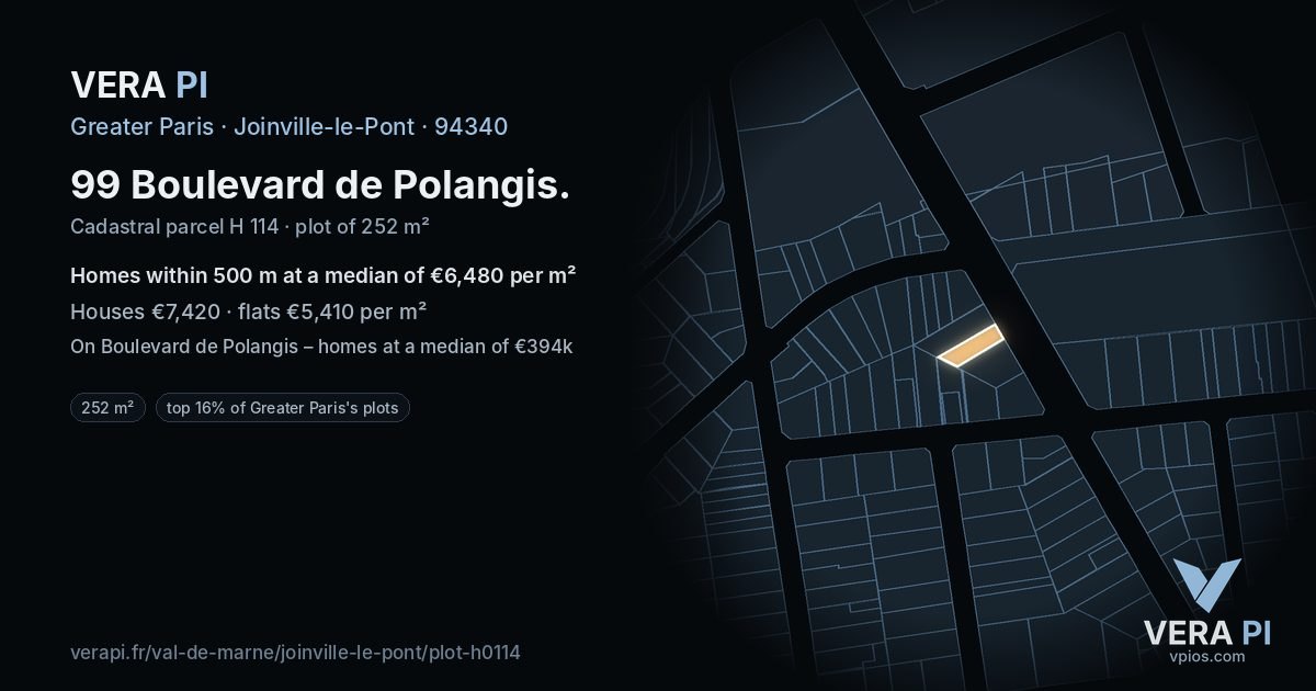 99 Boulevard de Polangis, Joinville-le-Pont at night – the plot lit, the parcels around coloured by the prices near them