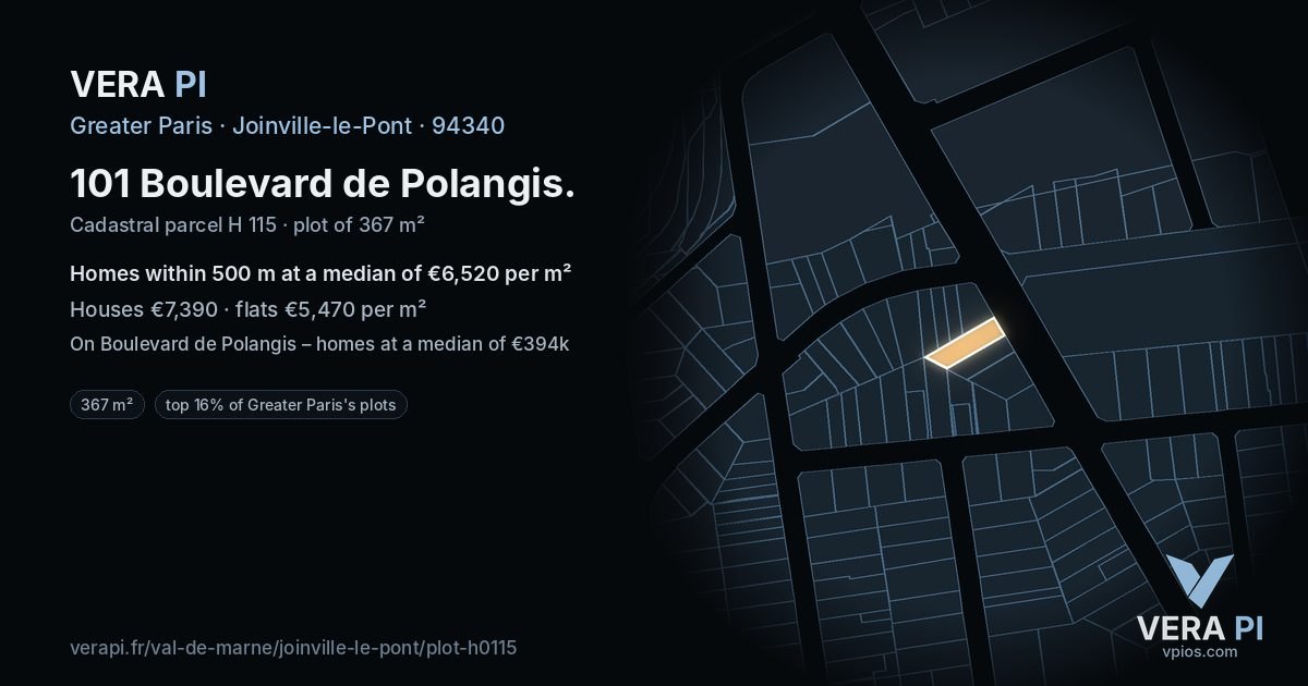101 Boulevard de Polangis, Joinville-le-Pont at night – the plot lit, the parcels around coloured by the prices near them