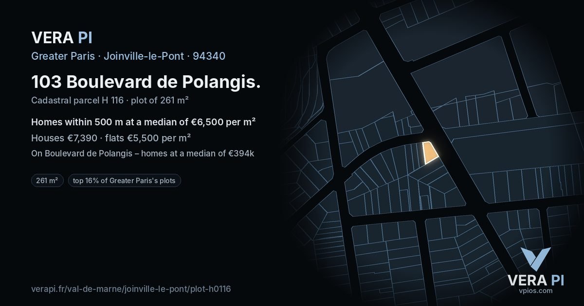 103 Boulevard de Polangis, Joinville-le-Pont at night – the plot lit, the parcels around coloured by the prices near them