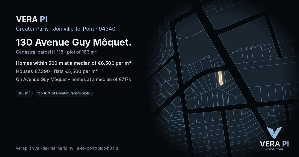 130 Avenue Guy Môquet, Joinville-le-Pont at night – the plot lit, the parcels around coloured by the prices near them