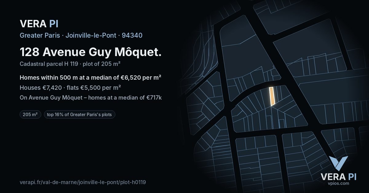 128 Avenue Guy Môquet, Joinville-le-Pont at night – the plot lit, the parcels around coloured by the prices near them