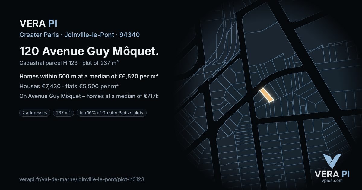 120 Avenue Guy Môquet, Joinville-le-Pont at night – the plot lit, the parcels around coloured by the prices near them
