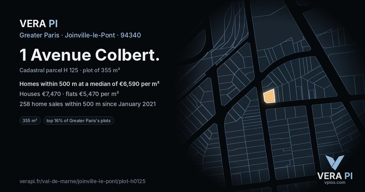 1 Avenue Colbert, Joinville-le-Pont at night – the plot lit, the parcels around coloured by the prices near them