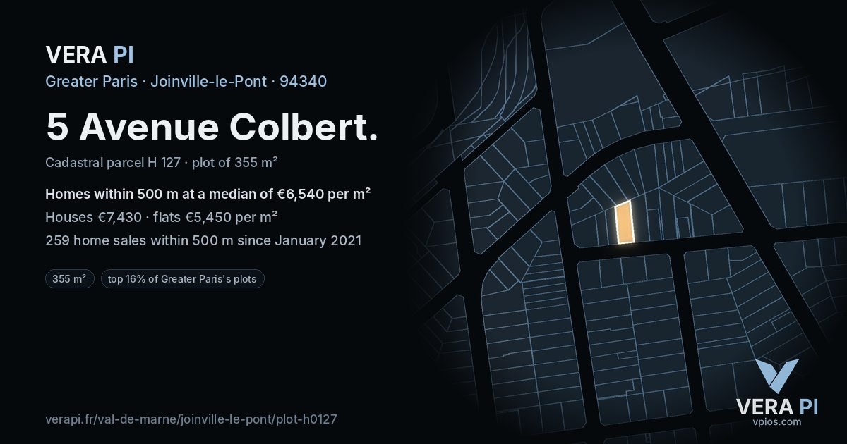 5 Avenue Colbert, Joinville-le-Pont at night – the plot lit, the parcels around coloured by the prices near them