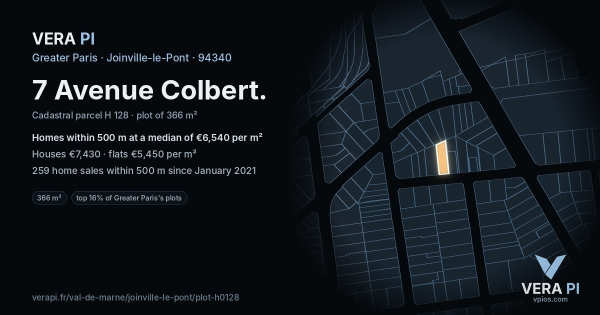 7 Avenue Colbert, Joinville-le-Pont at night – the plot lit, the parcels around coloured by the prices near them