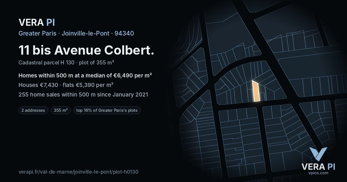 11 bis Avenue Colbert, Joinville-le-Pont at night – the plot lit, the parcels around coloured by the prices near them