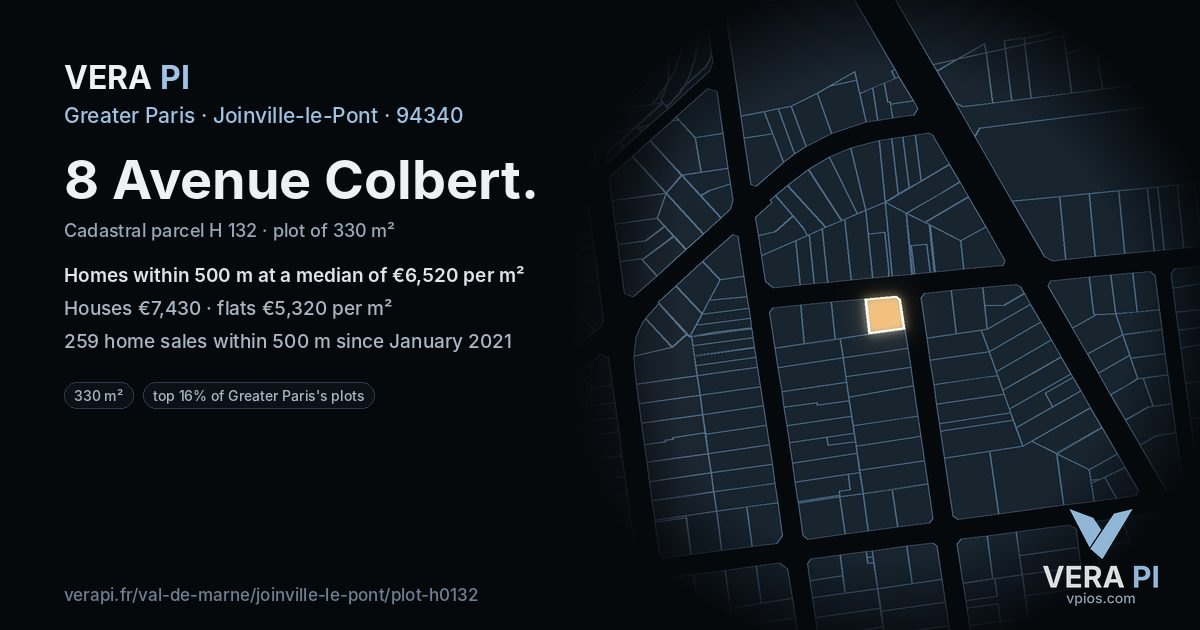 8 Avenue Colbert, Joinville-le-Pont at night – the plot lit, the parcels around coloured by the prices near them