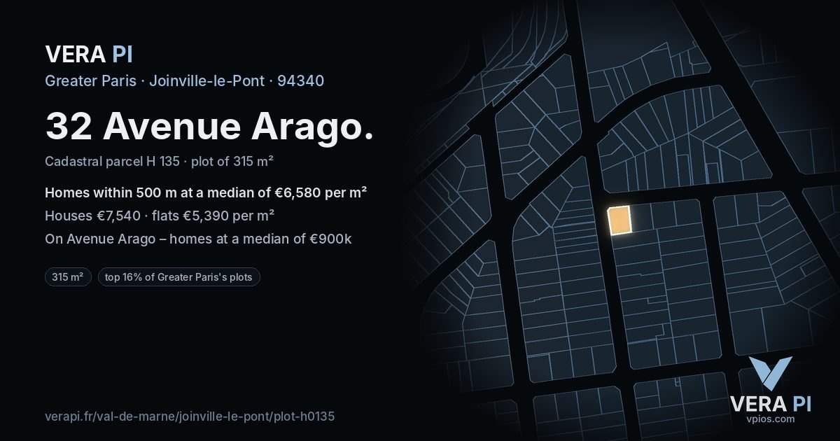 32 Avenue Arago, Joinville-le-Pont at night – the plot lit, the parcels around coloured by the prices near them