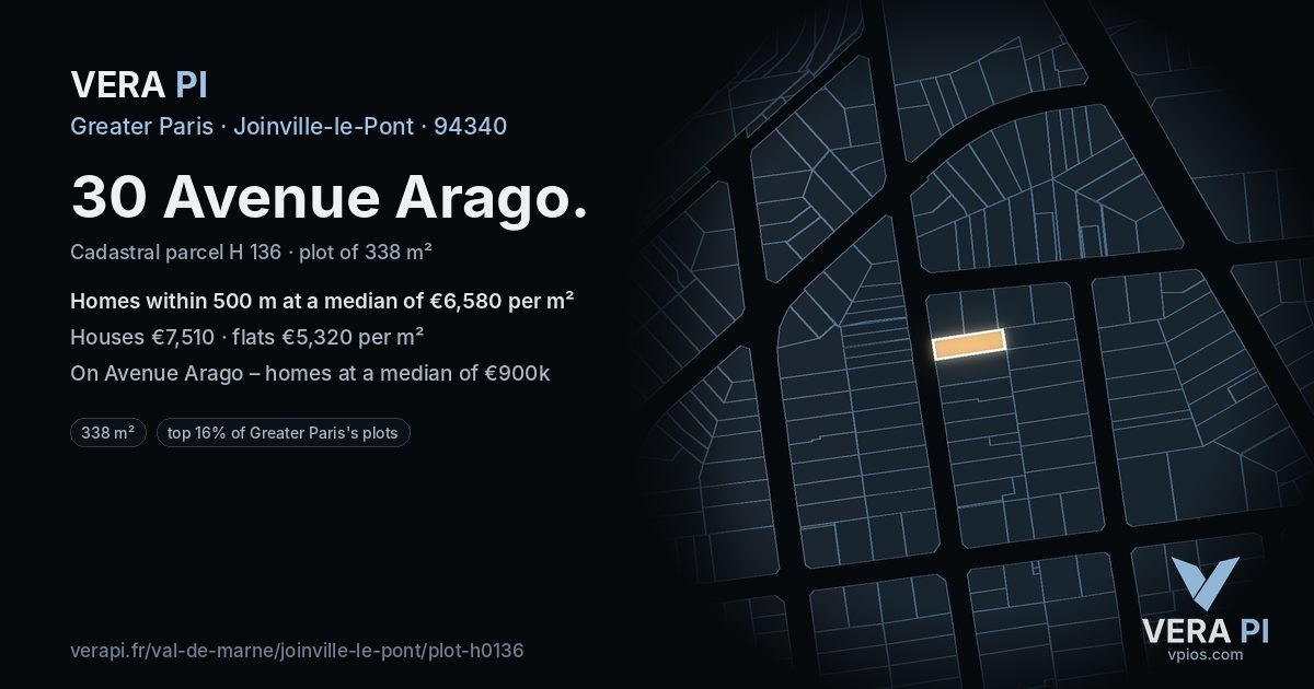30 Avenue Arago, Joinville-le-Pont at night – the plot lit, the parcels around coloured by the prices near them