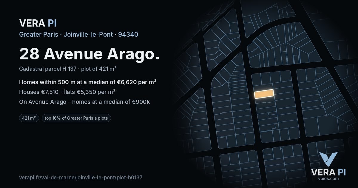 28 Avenue Arago, Joinville-le-Pont at night – the plot lit, the parcels around coloured by the prices near them