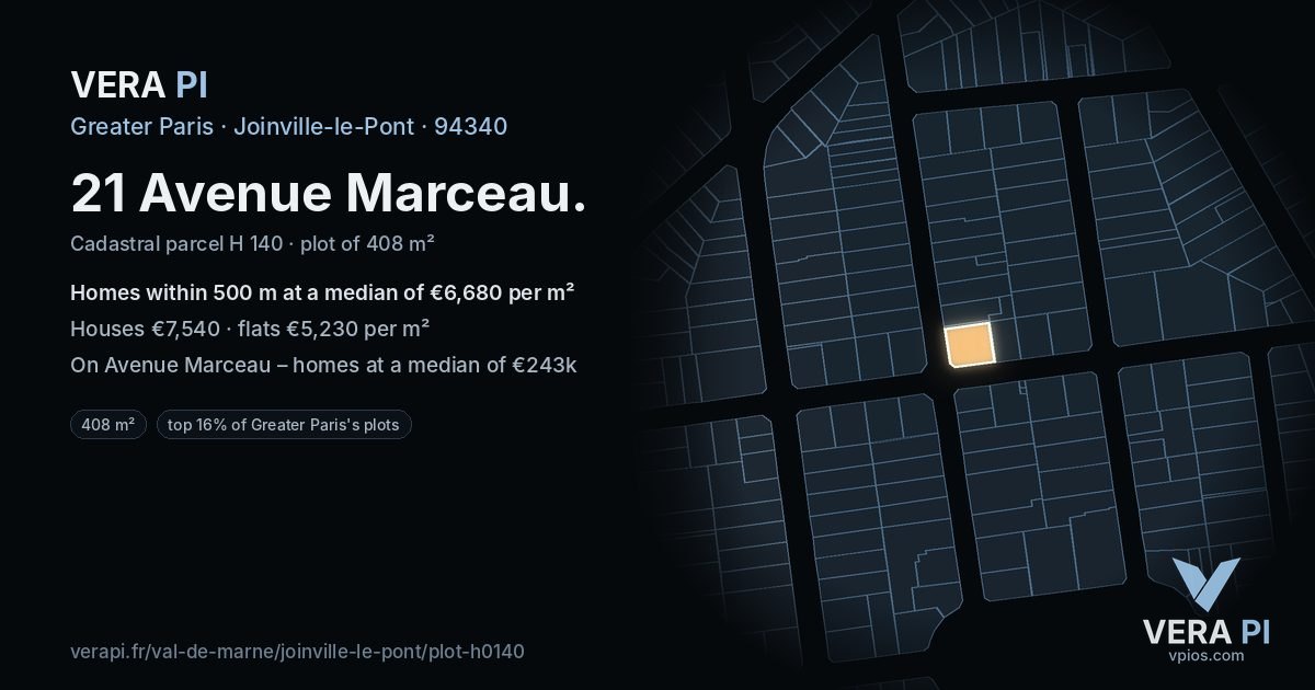 21 Avenue Marceau, Joinville-le-Pont at night – the plot lit, the parcels around coloured by the prices near them