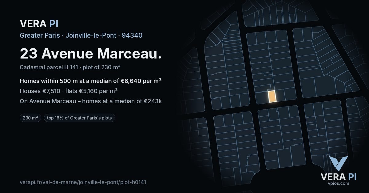 23 Avenue Marceau, Joinville-le-Pont at night – the plot lit, the parcels around coloured by the prices near them