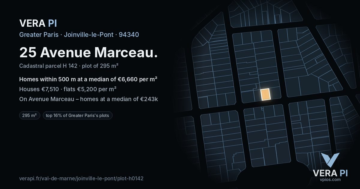 25 Avenue Marceau, Joinville-le-Pont at night – the plot lit, the parcels around coloured by the prices near them