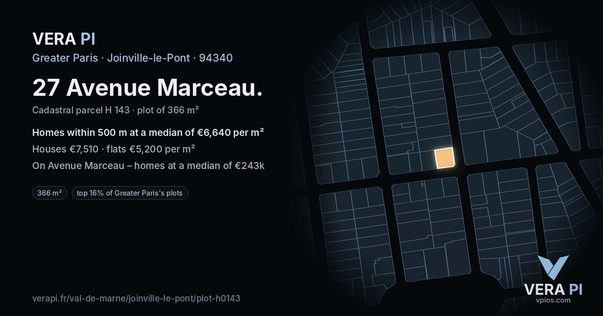 27 Avenue Marceau, Joinville-le-Pont at night – the plot lit, the parcels around coloured by the prices near them