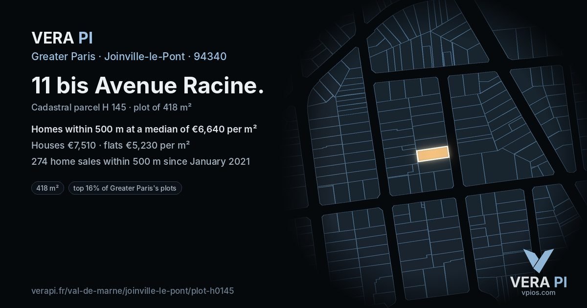 11 bis Avenue Racine, Joinville-le-Pont at night – the plot lit, the parcels around coloured by the prices near them