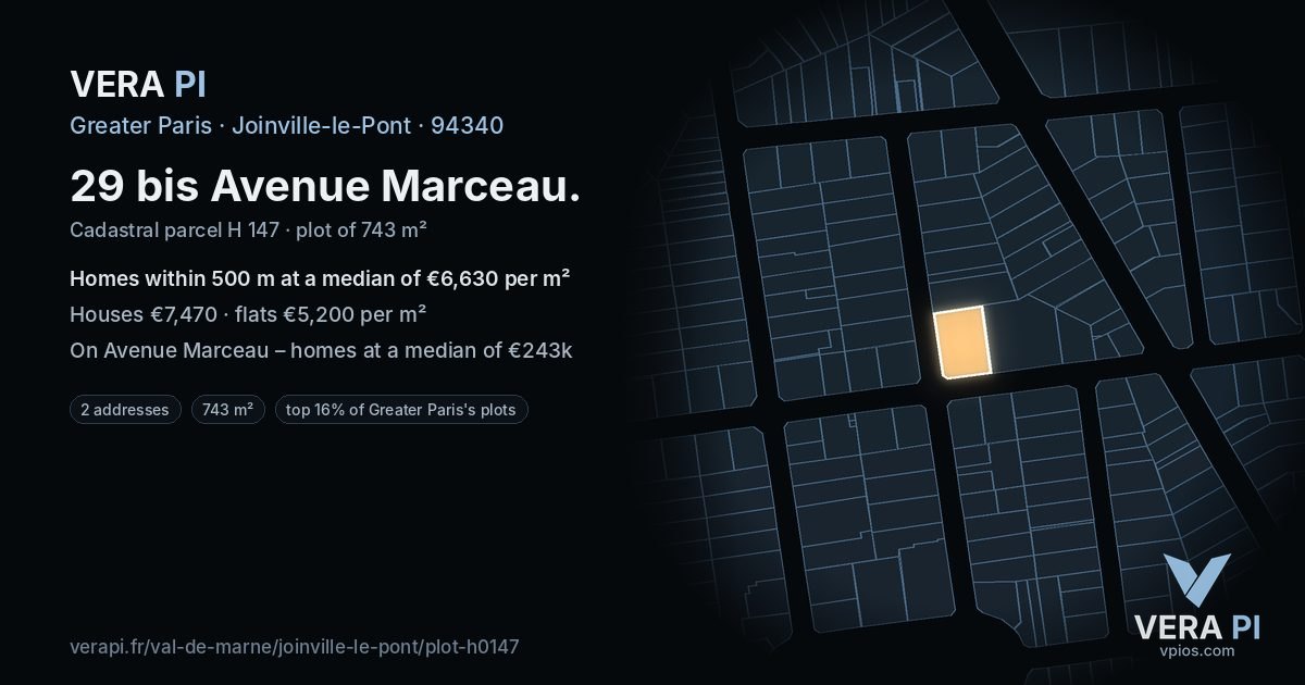 29 bis Avenue Marceau, Joinville-le-Pont at night – the plot lit, the parcels around coloured by the prices near them
