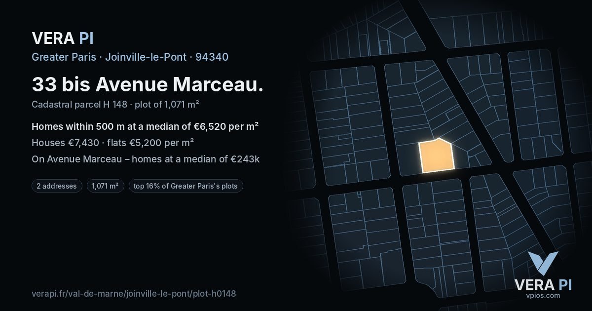 33 bis Avenue Marceau, Joinville-le-Pont at night – the plot lit, the parcels around coloured by the prices near them