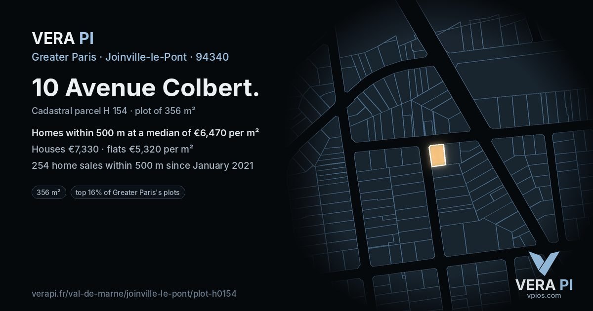 10 Avenue Colbert, Joinville-le-Pont at night – the plot lit, the parcels around coloured by the prices near them