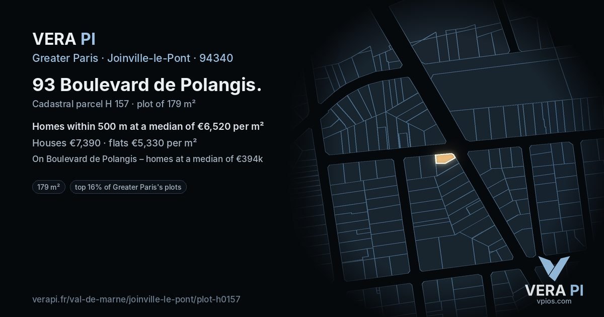 93 Boulevard de Polangis, Joinville-le-Pont at night – the plot lit, the parcels around coloured by the prices near them