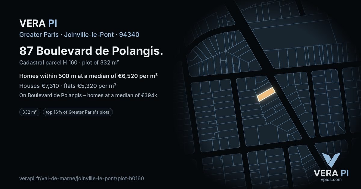87 Boulevard de Polangis, Joinville-le-Pont at night – the plot lit, the parcels around coloured by the prices near them
