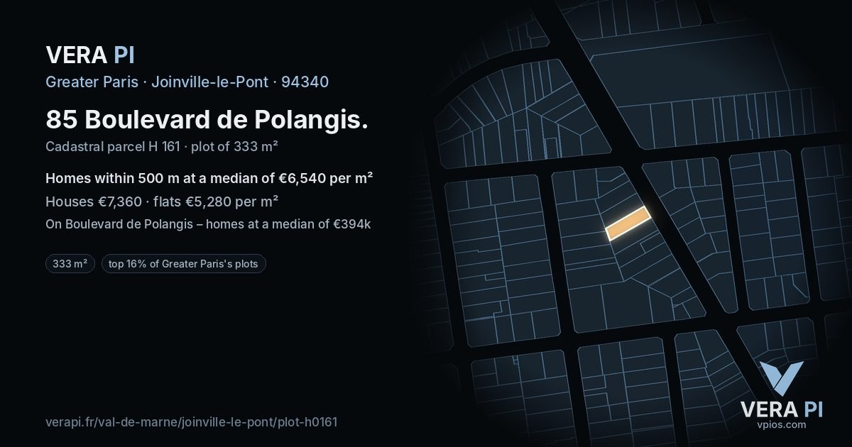 85 Boulevard de Polangis, Joinville-le-Pont at night – the plot lit, the parcels around coloured by the prices near them