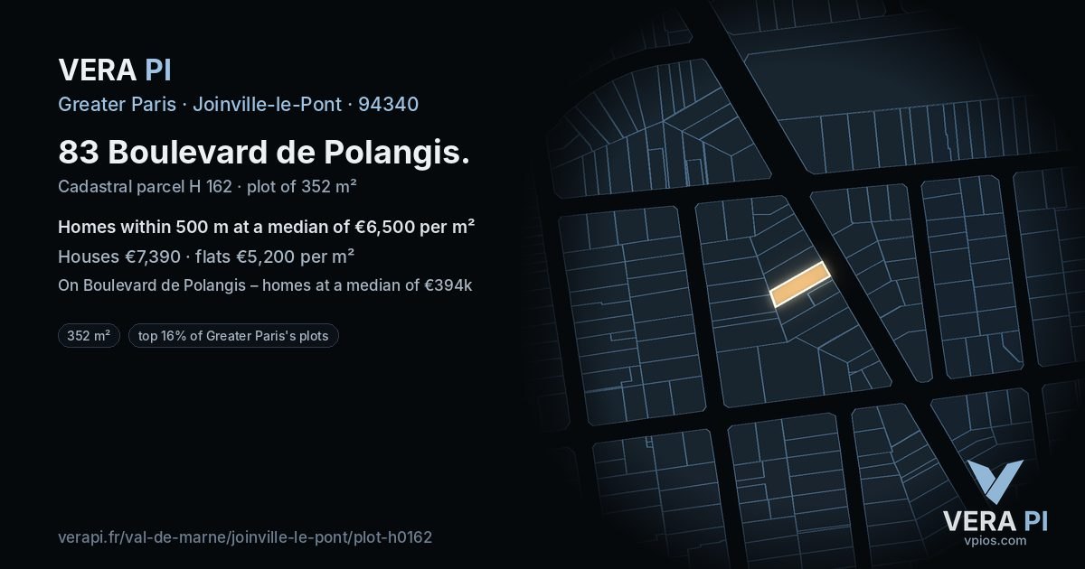 83 Boulevard de Polangis, Joinville-le-Pont at night – the plot lit, the parcels around coloured by the prices near them