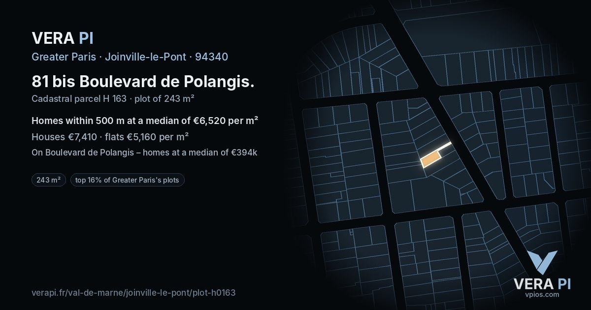 81 bis Boulevard de Polangis, Joinville-le-Pont at night – the plot lit, the parcels around coloured by the prices near them