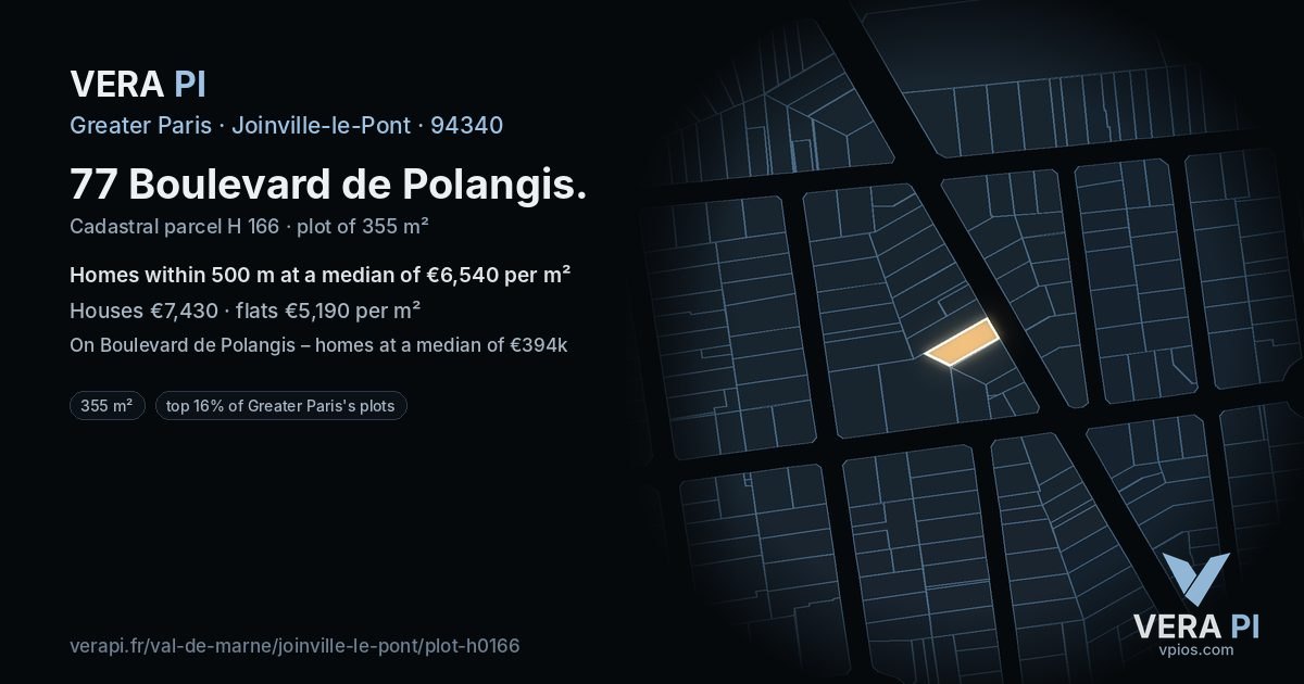 77 Boulevard de Polangis, Joinville-le-Pont at night – the plot lit, the parcels around coloured by the prices near them