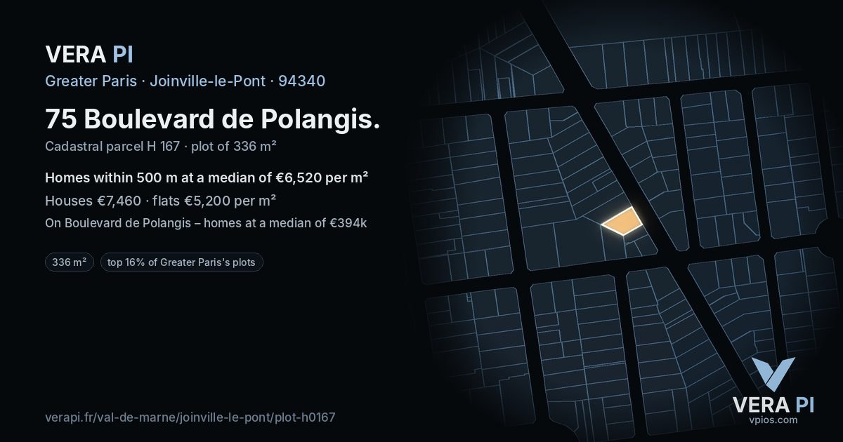 75 Boulevard de Polangis, Joinville-le-Pont at night – the plot lit, the parcels around coloured by the prices near them