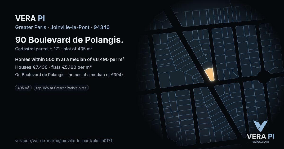 90 Boulevard de Polangis, Joinville-le-Pont at night – the plot lit, the parcels around coloured by the prices near them