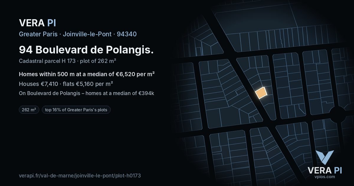 94 Boulevard de Polangis, Joinville-le-Pont at night – the plot lit, the parcels around coloured by the prices near them