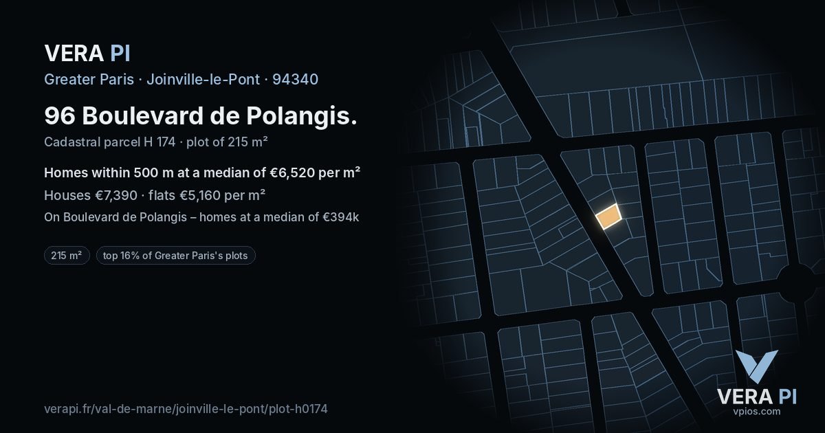 96 Boulevard de Polangis, Joinville-le-Pont at night – the plot lit, the parcels around coloured by the prices near them