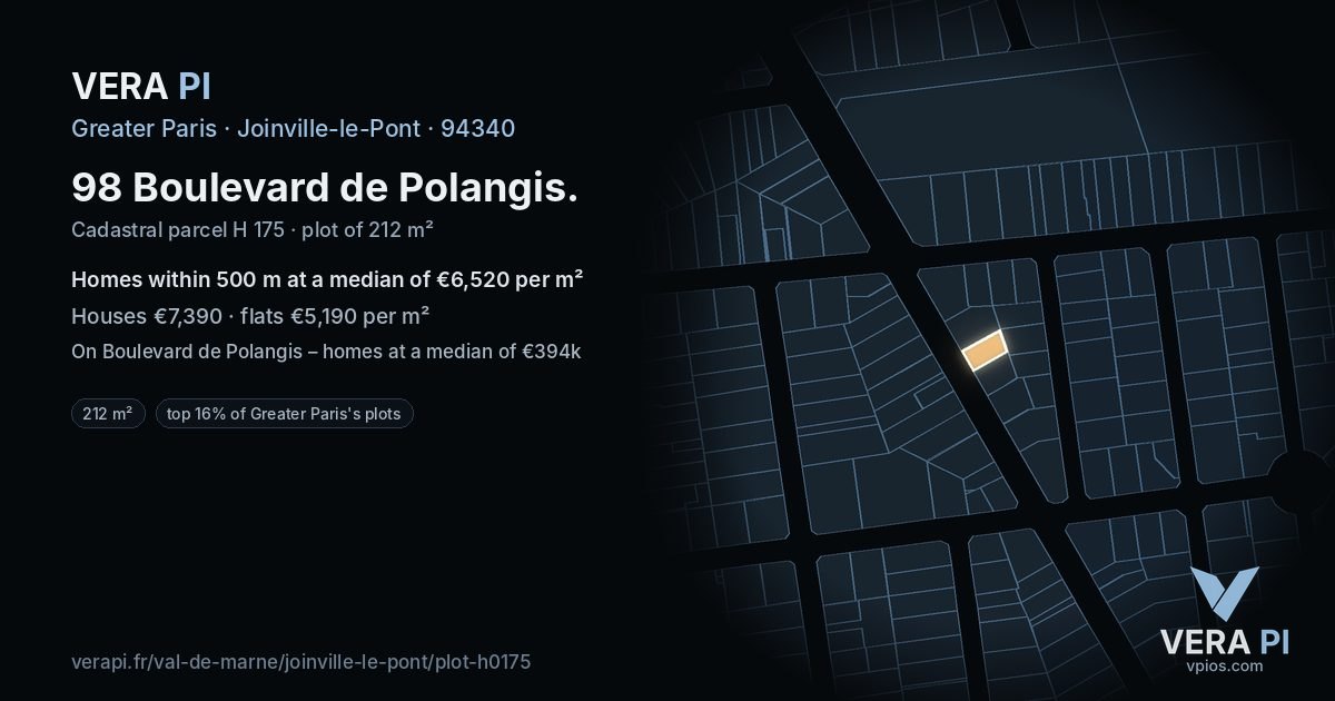 98 Boulevard de Polangis, Joinville-le-Pont at night – the plot lit, the parcels around coloured by the prices near them