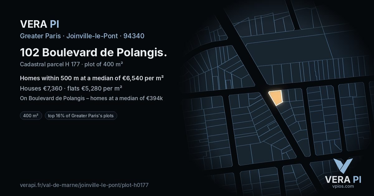 102 Boulevard de Polangis, Joinville-le-Pont at night – the plot lit, the parcels around coloured by the prices near them