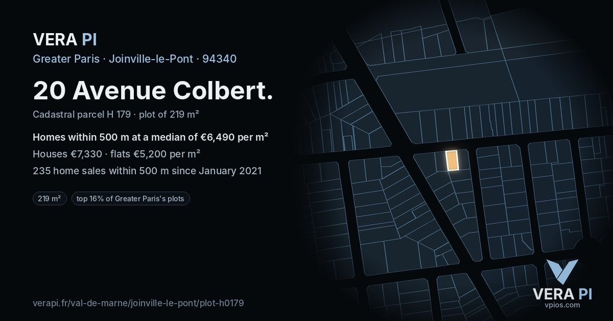 20 Avenue Colbert, Joinville-le-Pont at night – the plot lit, the parcels around coloured by the prices near them