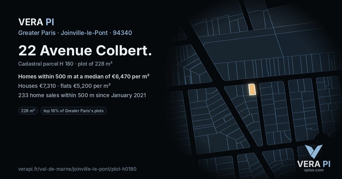 22 Avenue Colbert, Joinville-le-Pont at night – the plot lit, the parcels around coloured by the prices near them