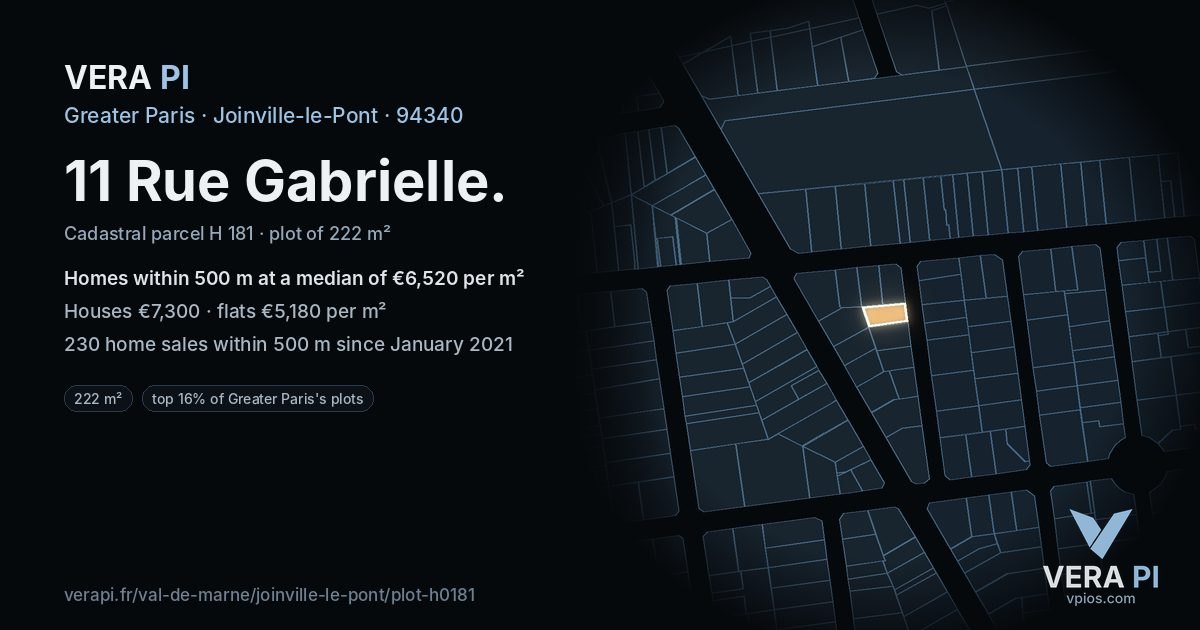 11 Rue Gabrielle, Joinville-le-Pont at night – the plot lit, the parcels around coloured by the prices near them