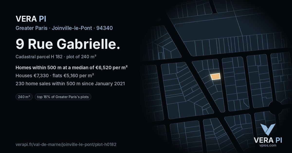 9 Rue Gabrielle, Joinville-le-Pont at night – the plot lit, the parcels around coloured by the prices near them