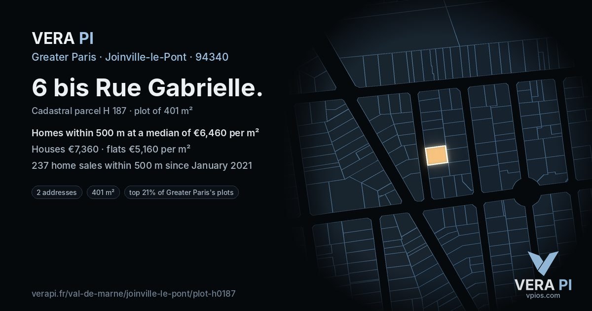 6 bis Rue Gabrielle, Joinville-le-Pont at night – the plot lit, the parcels around coloured by the prices near them