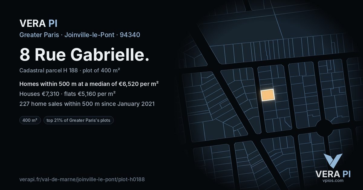 8 Rue Gabrielle, Joinville-le-Pont at night – the plot lit, the parcels around coloured by the prices near them