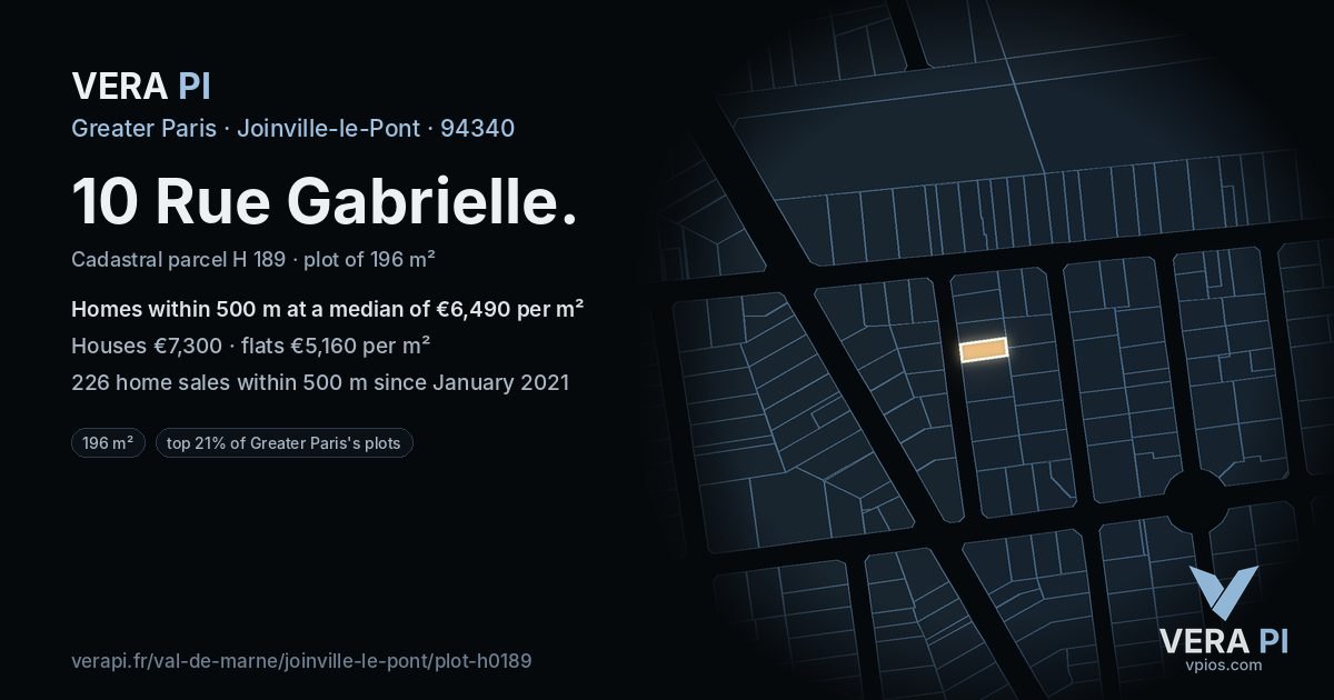 10 Rue Gabrielle, Joinville-le-Pont at night – the plot lit, the parcels around coloured by the prices near them