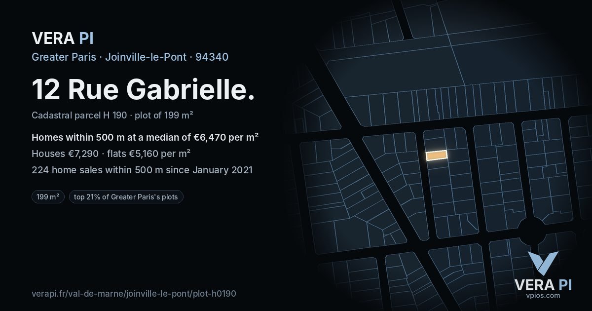 12 Rue Gabrielle, Joinville-le-Pont at night – the plot lit, the parcels around coloured by the prices near them