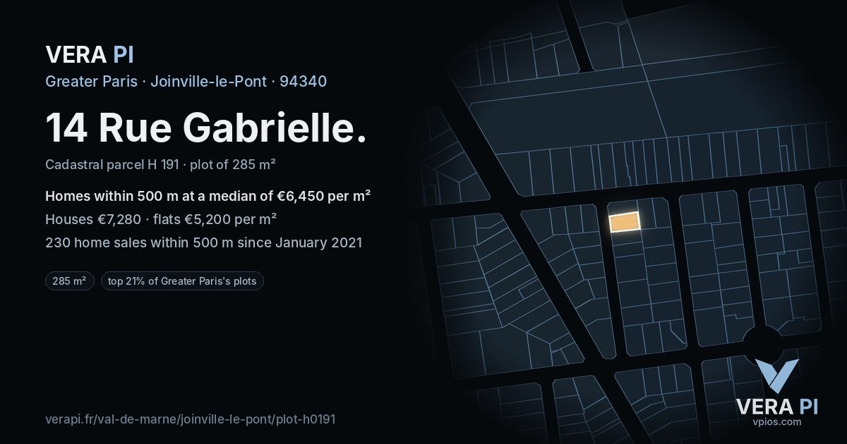 14 Rue Gabrielle, Joinville-le-Pont at night – the plot lit, the parcels around coloured by the prices near them