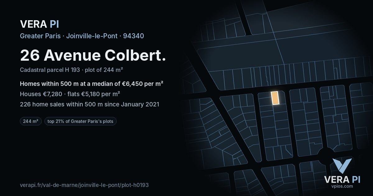 26 Avenue Colbert, Joinville-le-Pont at night – the plot lit, the parcels around coloured by the prices near them